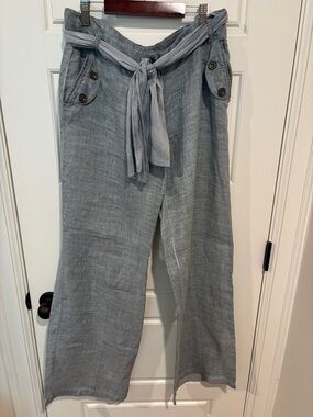 Elan Light Slate Gray Wide-Leg Linen Pants with Waist Tie